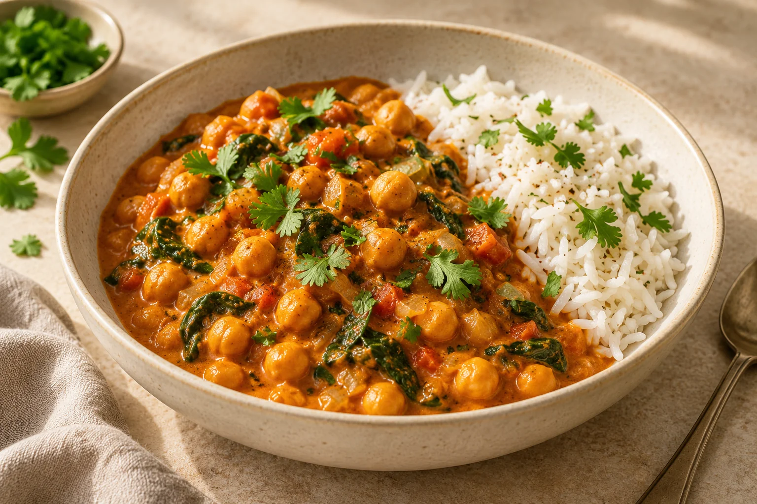 Digital editorial illustration of chickpeas, coconut-tomato curry and spinach beside basmati rice in a stoneware bowl