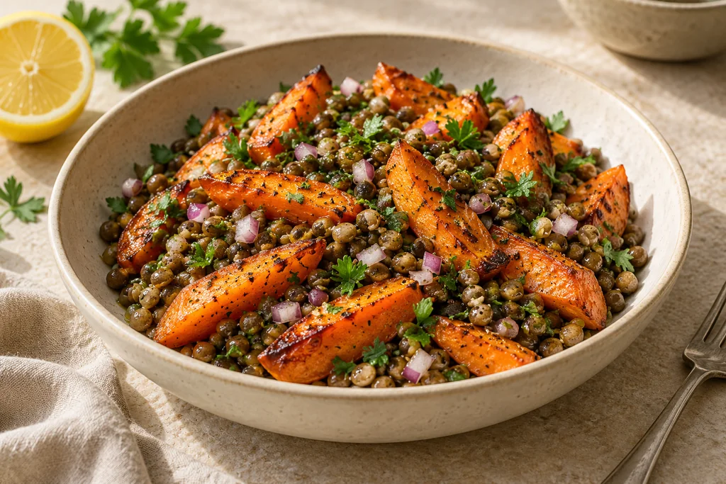 Digital editorial illustration of lentils with roasted carrots, parsley and red onion in ceramic bowl