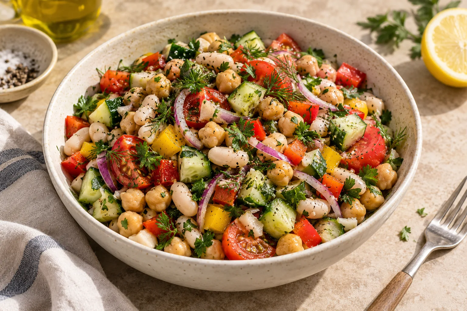 Illustrative presentation of Mediterranean bean salad with chickpeas, white beans, cucumber, tomatoes, peppers, red onion and herbs
