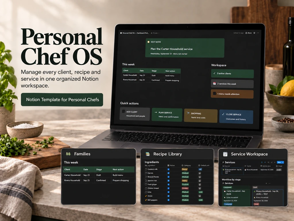 Personal Chef OS presentation showing the dashboard, Families, Recipe Library and Service Workspace.